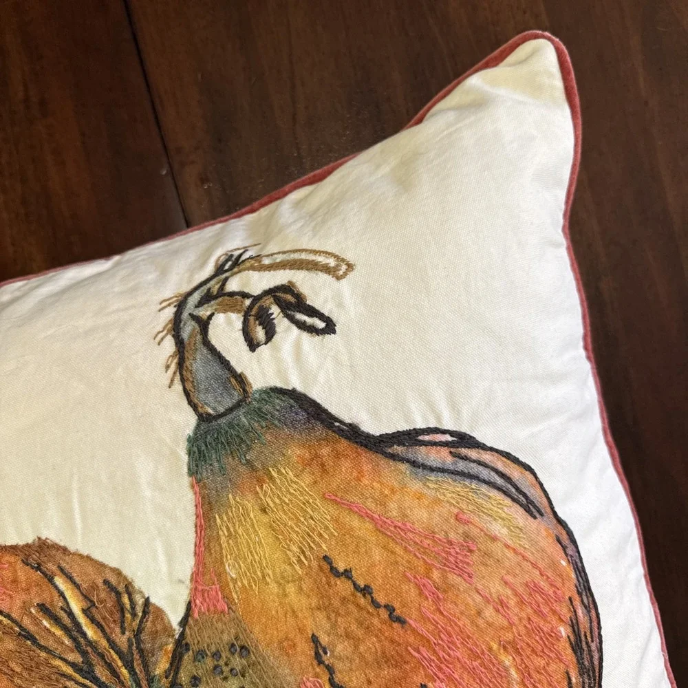 Pottery Barn Throw Pillow Velvet‎ Embroidered Applique Botanical Feather Insert